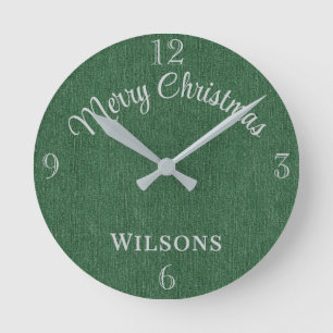 Family Name Merry Christmas Green Denim Print 8-in Round Clock