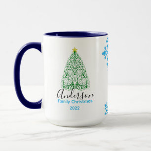 Family name modern christmas tree & glittery snow mug