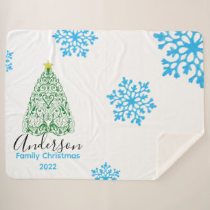 Family name modern christmas tree & glittery snow sherpa blanket
