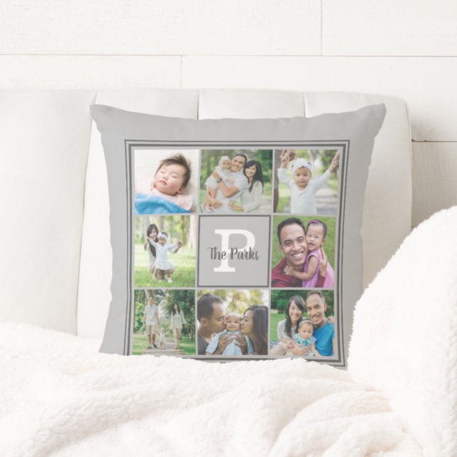 Family Name Monogram 8 Photo Collage Grey Cushion (Creator Uploaded)