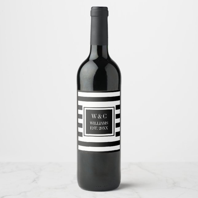 Family Name Monogram Black And White Stripe Wine Label (Front)