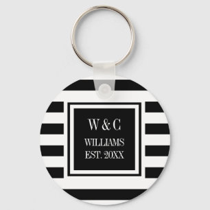 Family Name Monogram Black White Stripe Key Ring