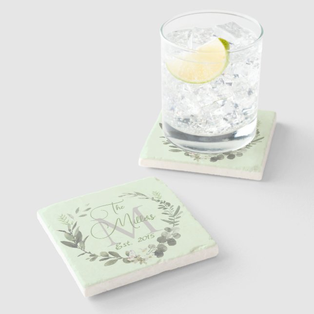 Family Name Monogram Botanical Watercolor   Stone Coaster (Side)