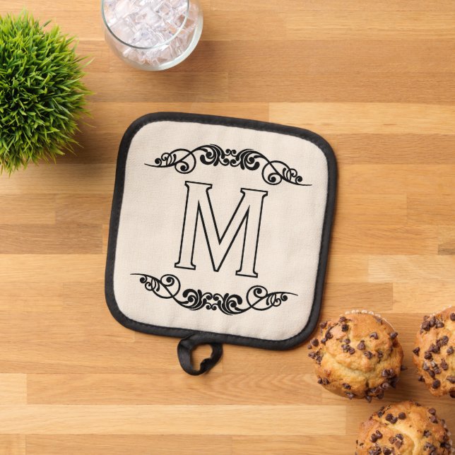 Family Name Monogram Chic Antique Filigree Scroll Pot Holder (Top Down)