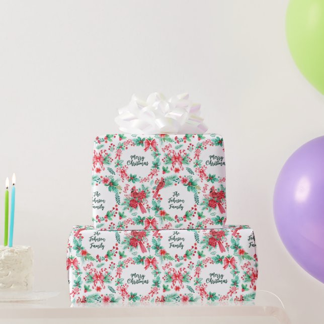 Family Name Monogram Christmas Wreath Wrapping Paper (Party Gifts)
