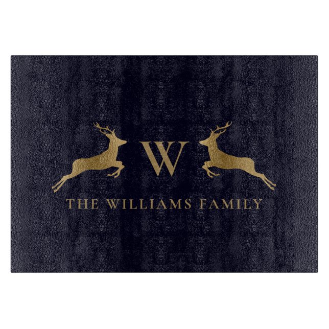 Family Name Monogram Gold Deer Kitchen Navy Cutting Board (Front)