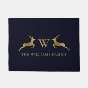 Family Name Monogram Gold Deer Midnight Navy Doormat