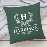 Family Name Monogram Laurel Established Hunter Cushion<br><div class="desc">Add a touch of elegance to your home decor with our personalized monogram family name throw pillow featuring a beautiful laurel design. The pillow is customized with your family name and a personalized year established text, making it a perfect addition to your living room or bedroom. Made with high-quality materials,...</div>