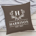 Family Name Monogram Laurel Year Established Brown Cushion<br><div class="desc">Add a touch of elegance to your home decor with our personalized monogram family name throw pillow featuring a beautiful laurel design. The pillow is customized with your family name and a personalized year established text, making it a perfect addition to your living room or bedroom. Made with high-quality materials,...</div>