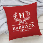 Family Name Monogram Laurel Year Established Red Cushion<br><div class="desc">Family Name Monogram Laurel Year Established Red Throw Pillow. Personalise this custom design with your own monogrammed initial,  family name and year established.</div>