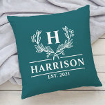 Family Name Monogram Laurel Year Established Teal Cushion<br><div class="desc">Add a touch of elegance to your home decor with our personalized monogram family name throw pillow featuring a beautiful laurel design. The pillow is customized with your family name and a personalized year established text, making it a perfect addition to your living room or bedroom. Made with high-quality materials,...</div>