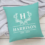 Family Name Monogram Laurel Year Established Teal  Cushion<br><div class="desc">Add a touch of elegance to your home decor with our personalized monogram family name throw pillow featuring a beautiful laurel design. The pillow is customized with your family name and a personalized year established text, making it a perfect addition to your living room or bedroom. Made with high-quality materials,...</div>