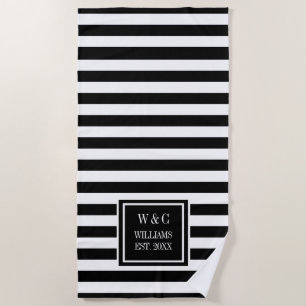 Family Name Monogram Navy Black White Stripe Beach Towel