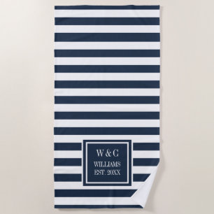 Family Name Monogram Navy Blue White Stripe Beach Towel