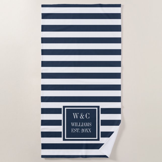Family Name Monogram Navy Blue White Stripe  Beach Towel (Front)