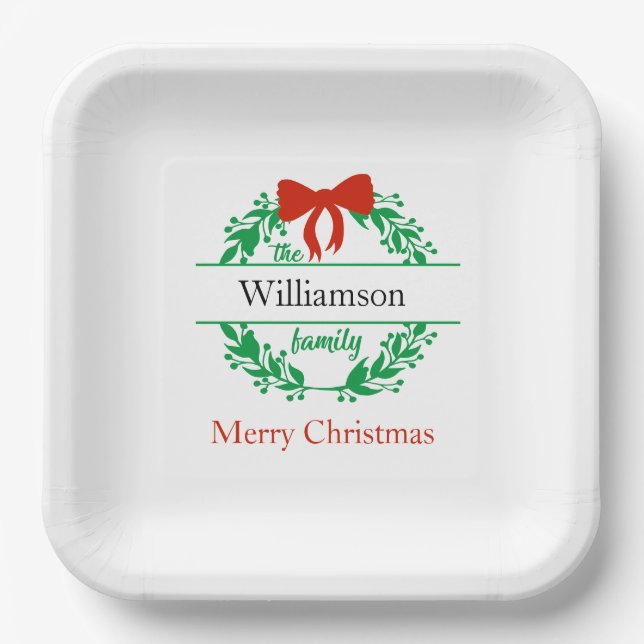 Family Name Monogram Red Green Christmas  Paper Plate (Front)