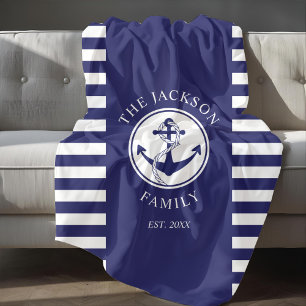 Family Name Nautical Anchor Blue Stripes Pattern Fleece Blanket
