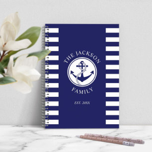 Family Name Nautical Anchor Blue Stripes Pattern Notebook