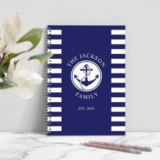 Family Name Nautical Anchor Blue Stripes Pattern Notebook