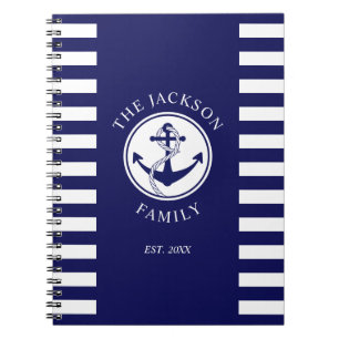 Family Name Nautical Anchor Blue Stripes Pattern Notebook