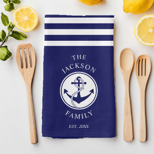 Family Name Nautical Anchor Blue Stripes Pattern Tea Towel