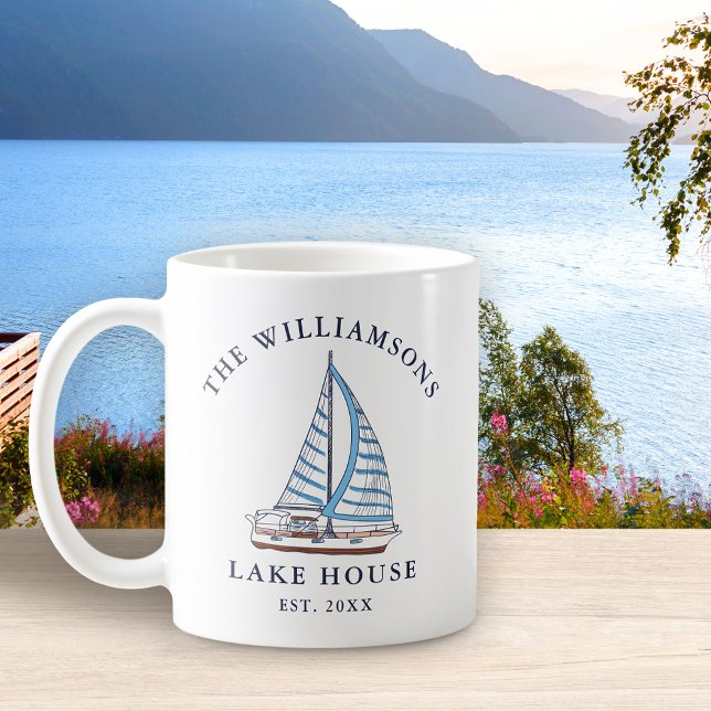 Family Name Nautical Blue Sails Boat Lake House Coffee Mug (Creator Uploaded)