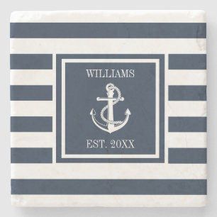 Family Name Nautical Boat Anchor Navy Blue Stripe  Stone Coaster