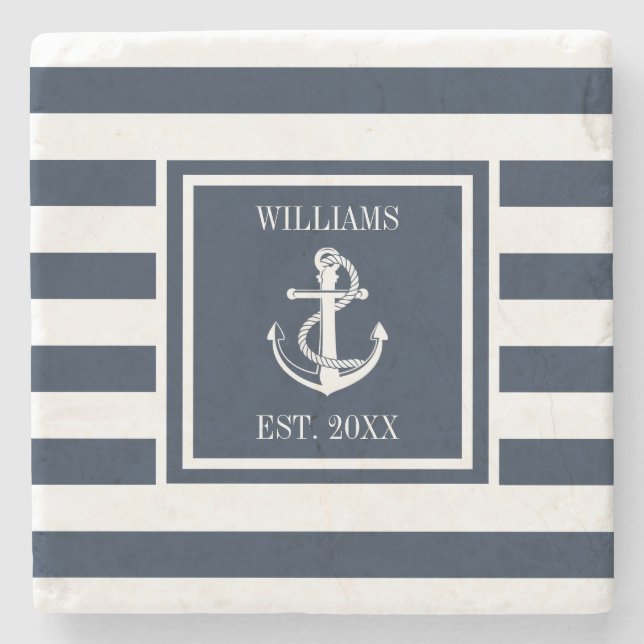 Family Name Nautical Boat Anchor Navy Blue Stripe  Stone Coaster (Front)