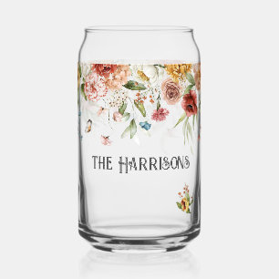 Family Name on 1600s Peonies Floral Drop  Can Glass