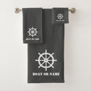 Family Name or Boat Nautical Ship Wheel Helm Gray Bath Towel Set