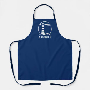 Family Name or Text Lighthouse Navy Blue White Apron