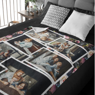 Family Name Photo Collage   Floral on Black Fleece Blanket