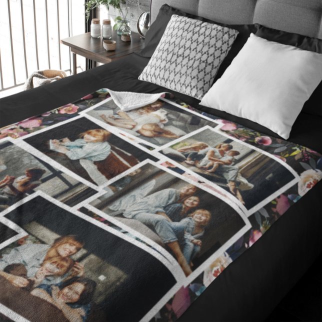 Family Name Photo Collage | Floral on Black Fleece Blanket (Creator Uploaded)