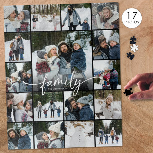 Family Name Photo Collage Modern Script 17 Photos Jigsaw Puzzle