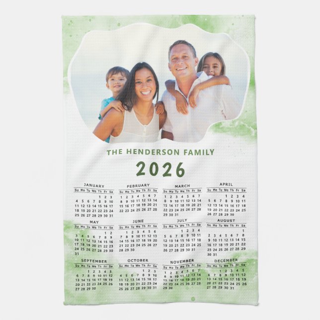 Family Name Photo Green White 2026 Calendar Tea Towel (Vertical)
