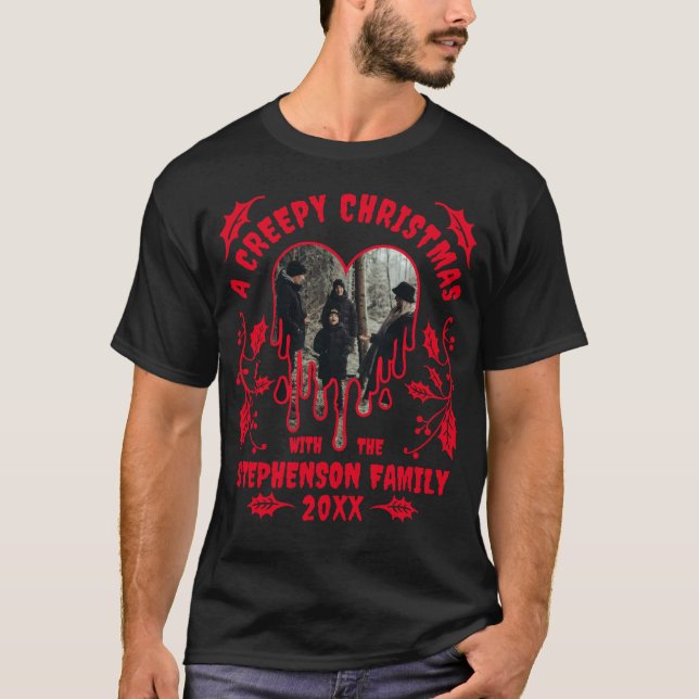 Family Name Photo Red Heart Creepy Christmas  T-Shirt (Front)