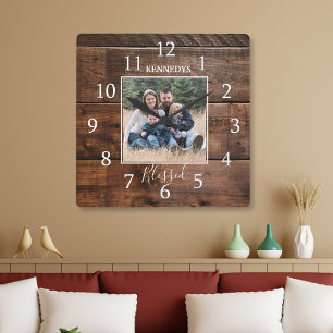 Family Name Photo Rustic Wood Square Wall Clock