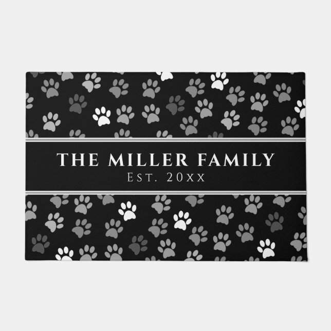 Family Name | Puppy Dog Print Black & White Doormat (Front)