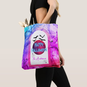 Family Name Purple Pink Bat Modern Happy Halloween Tote Bag