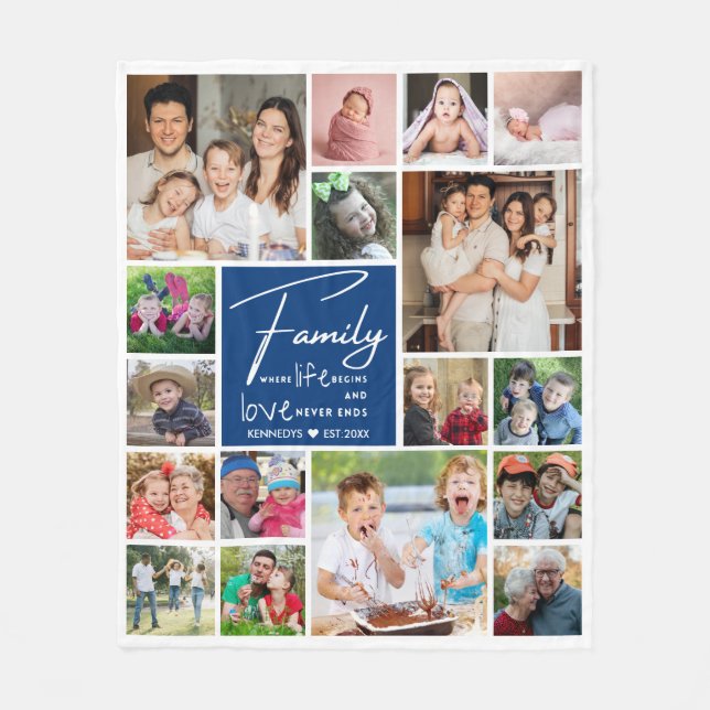 Family Name Quote 17 Photo Collage Blue And White Fleece Blanket (Front)