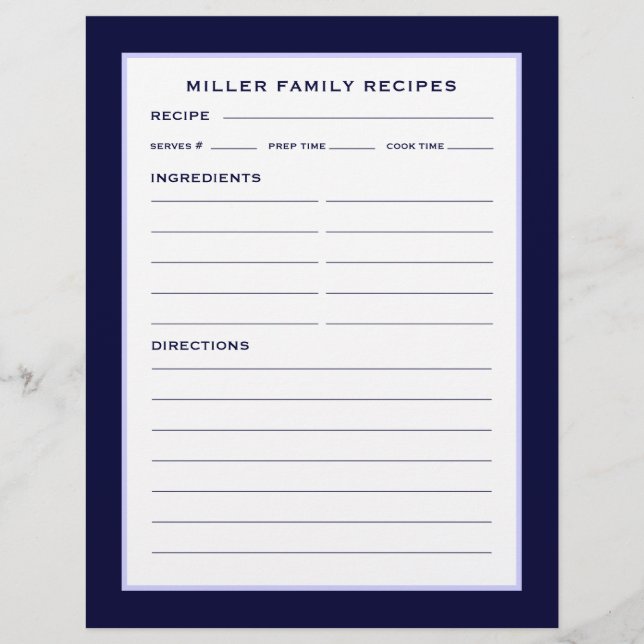 Family Name Recipe Page | Simple Navy Blue & White (Front)
