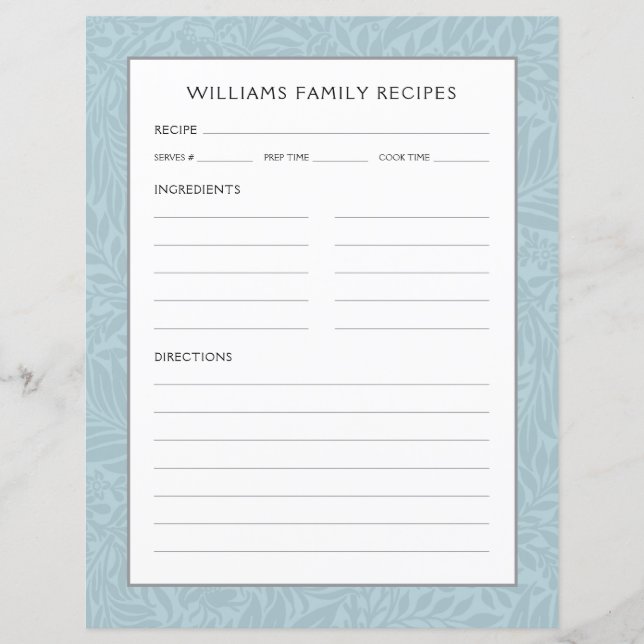 Family Name Recipe Page | Vintage Blue Floral (Front)