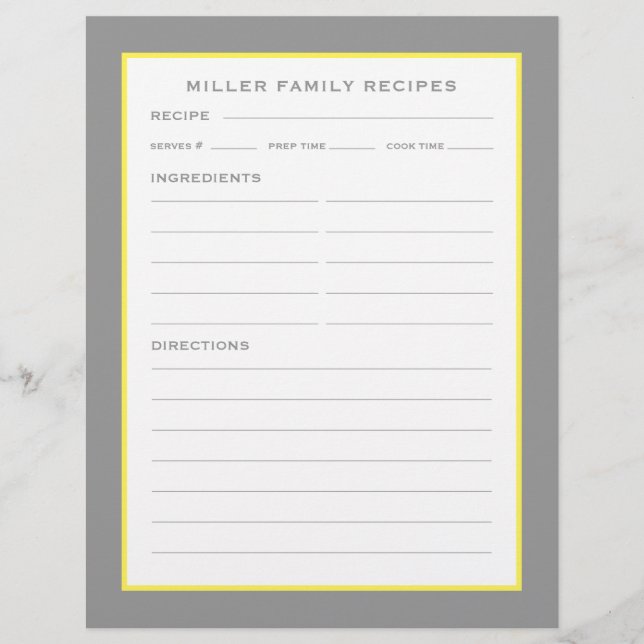 Family Name + Recipes | Simple Grey Yellow & White (Front)