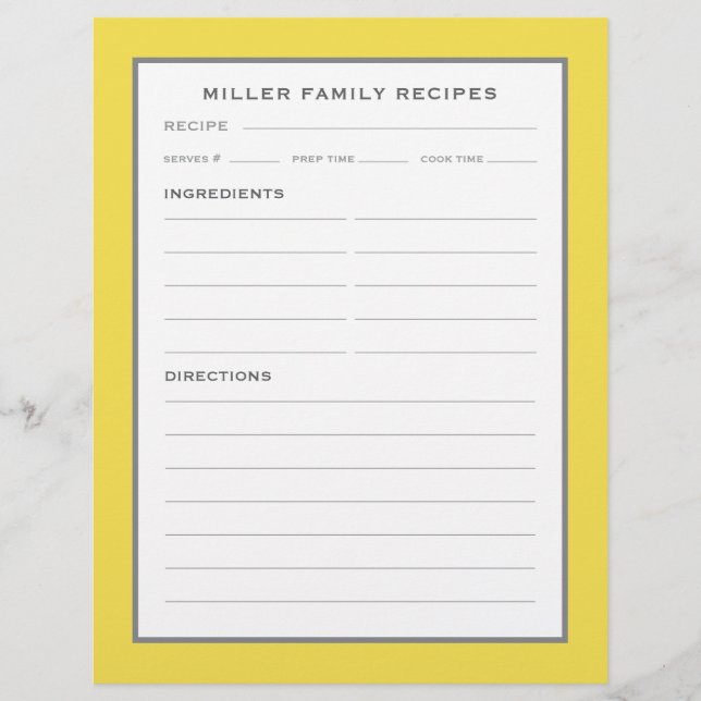 Family Name Recipes | Simple Modern Yellow & Grey (Front)