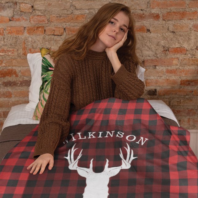 Family Name Red Buffalo Lumberjack Plaid Lake Fleece Blanket (Red Black Gingham Deer Antler Rustic Blanket)