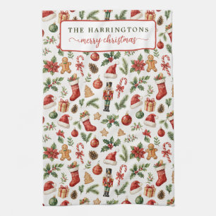 Family Name Red Green Watercolor Christmas Pattern Tea Towel