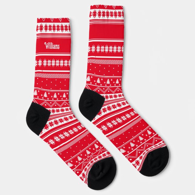 Family Name Red Nordic Sweater Christmas Pattern Socks (Right)