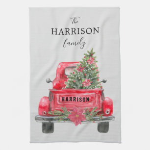 Family Name Red Truck Christmas Tree Holiday Kitch Tea Towel