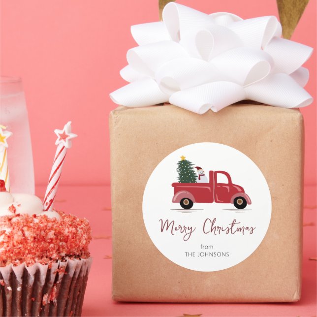 Family Name Red Truck Snowman Christmas Tree Classic Round Sticker (Party)