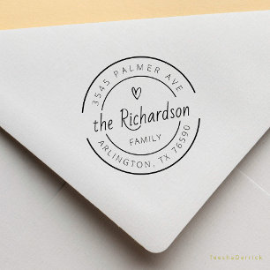 Family Name Return Address Cute Heart  Round Logo Rubber Stamp